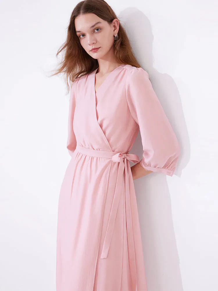 Pink V-Neck Lace Up Wrap Midi Dress