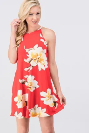 Red Floral Halter Neck Dress