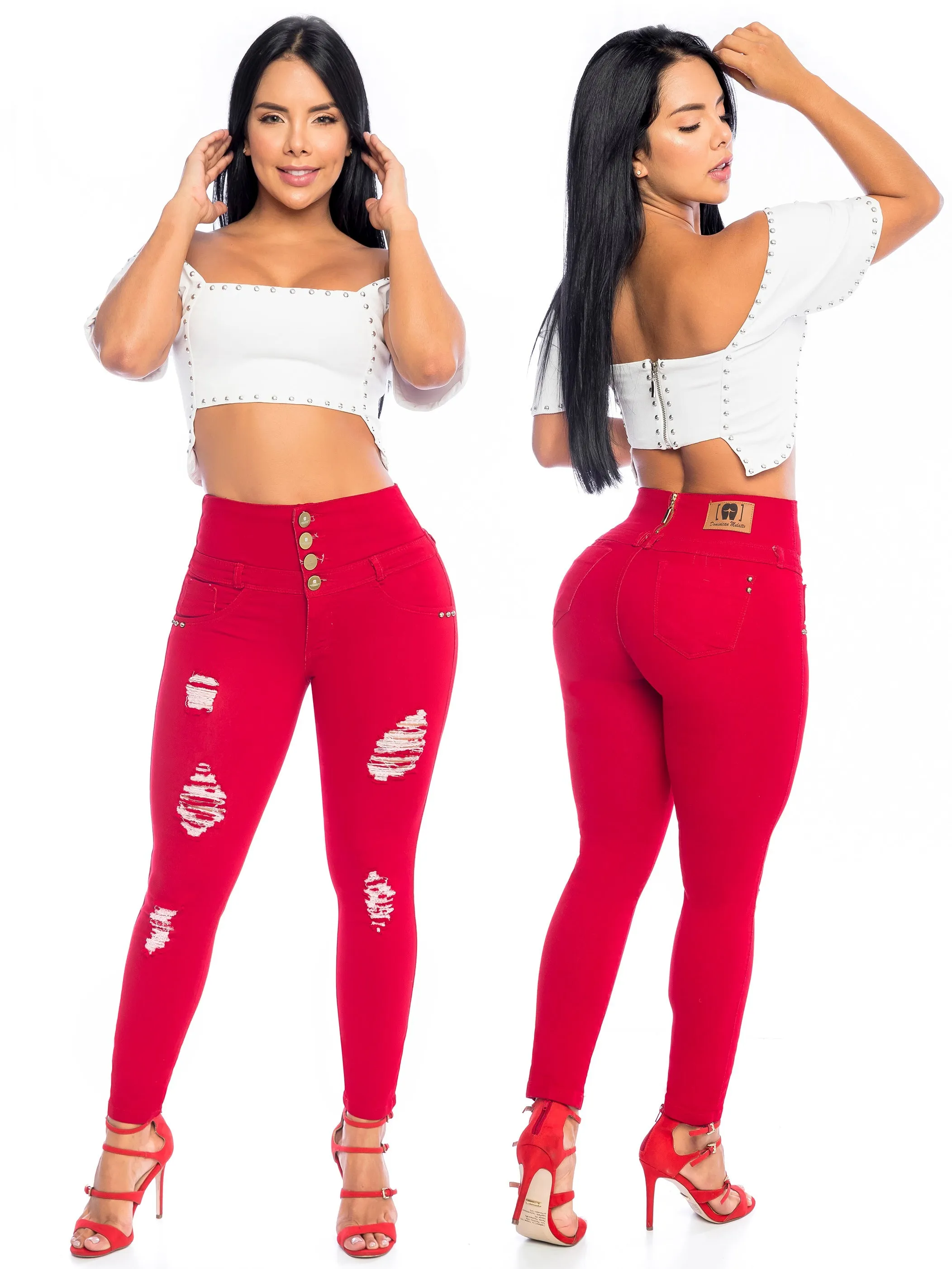 Red Ripped 4 button High Waist abdomen Control Push up Jeans