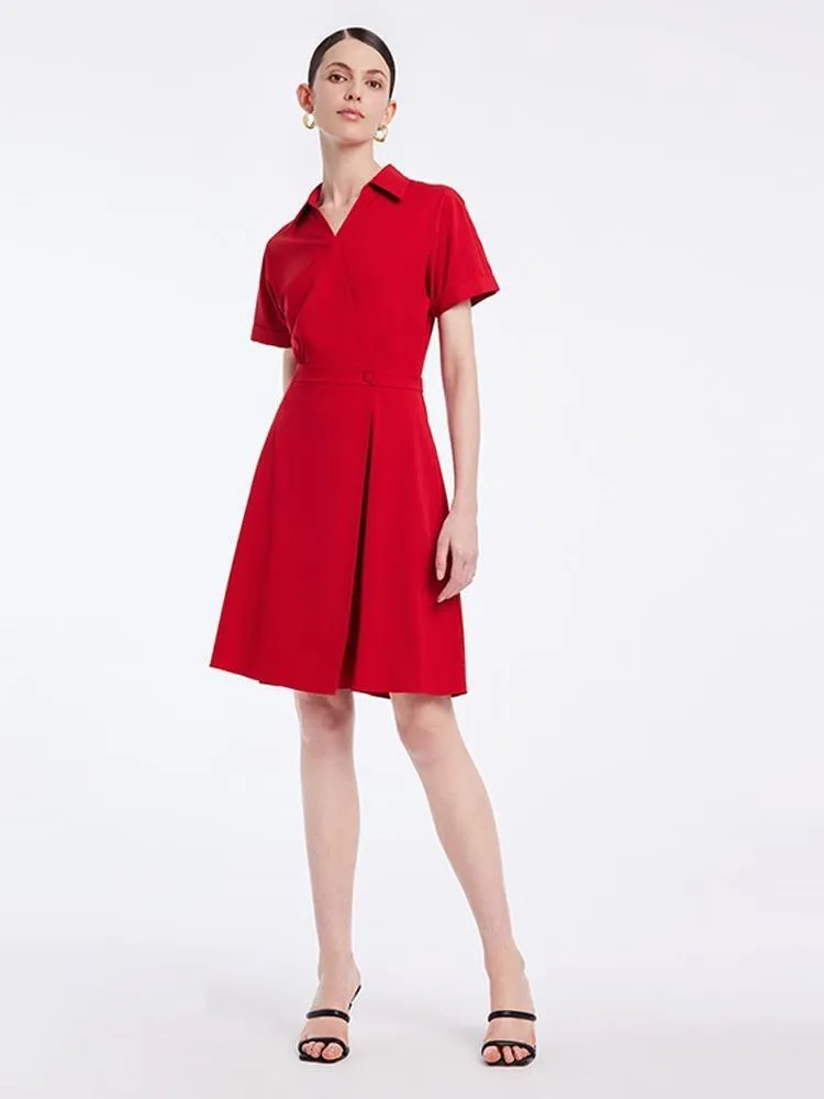 Shirt-style V-neck Gathered Waist Mini Dress