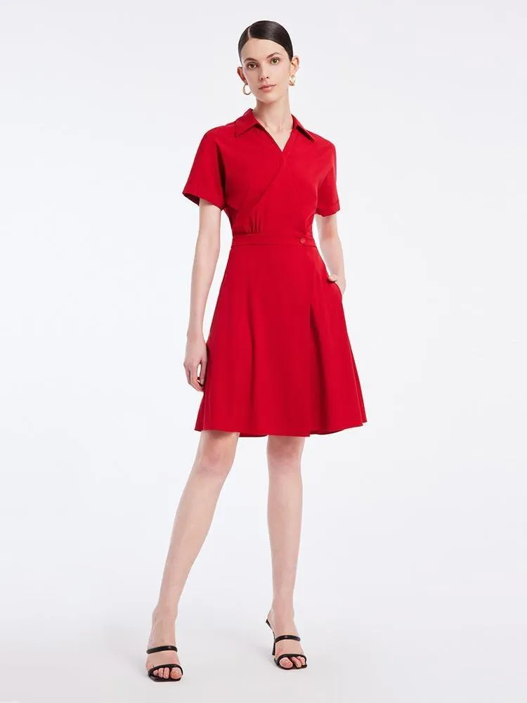 Shirt-style V-neck Gathered Waist Mini Dress