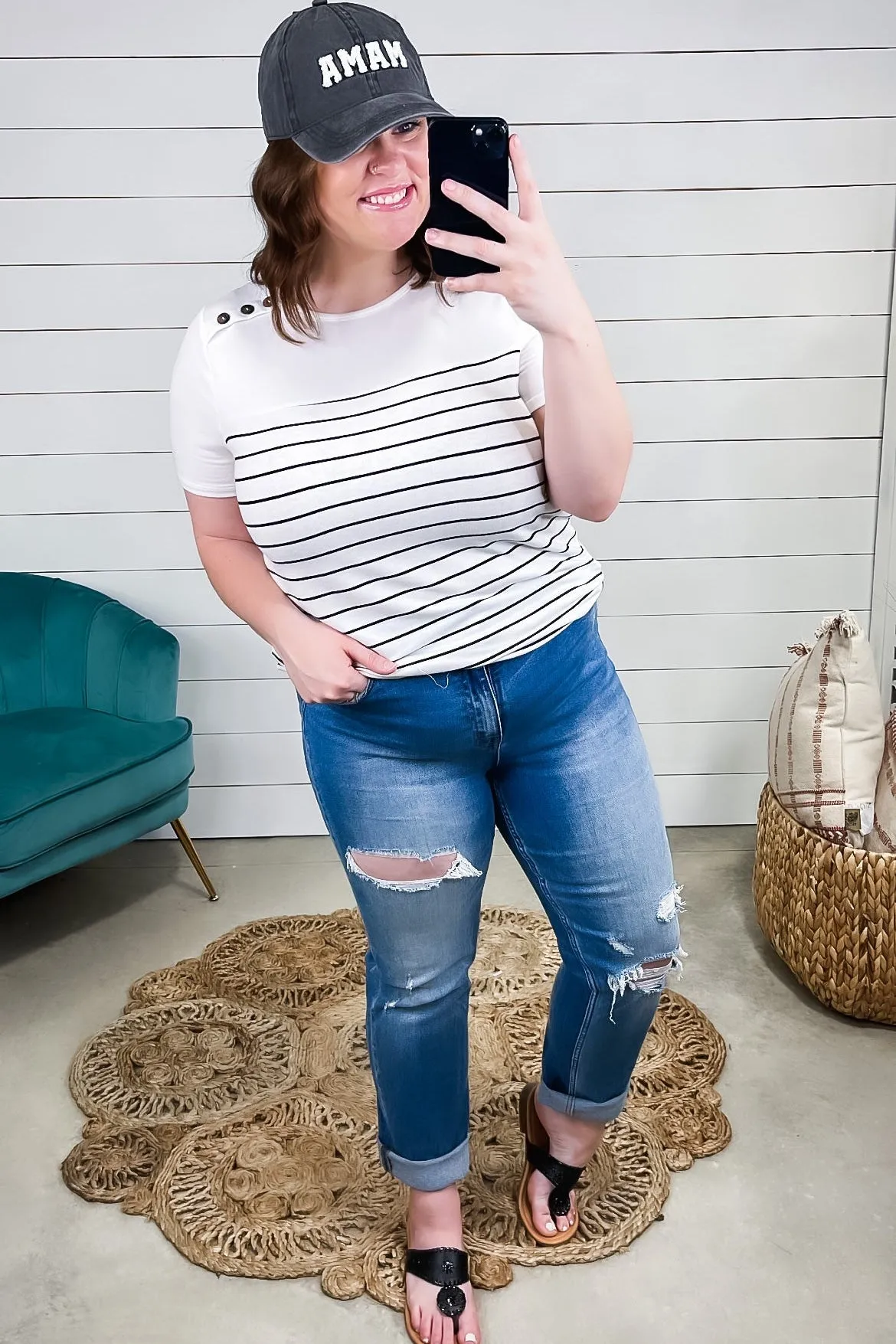 Stand By Me- Ivory Striped Top w/ Shoulder Button Detail