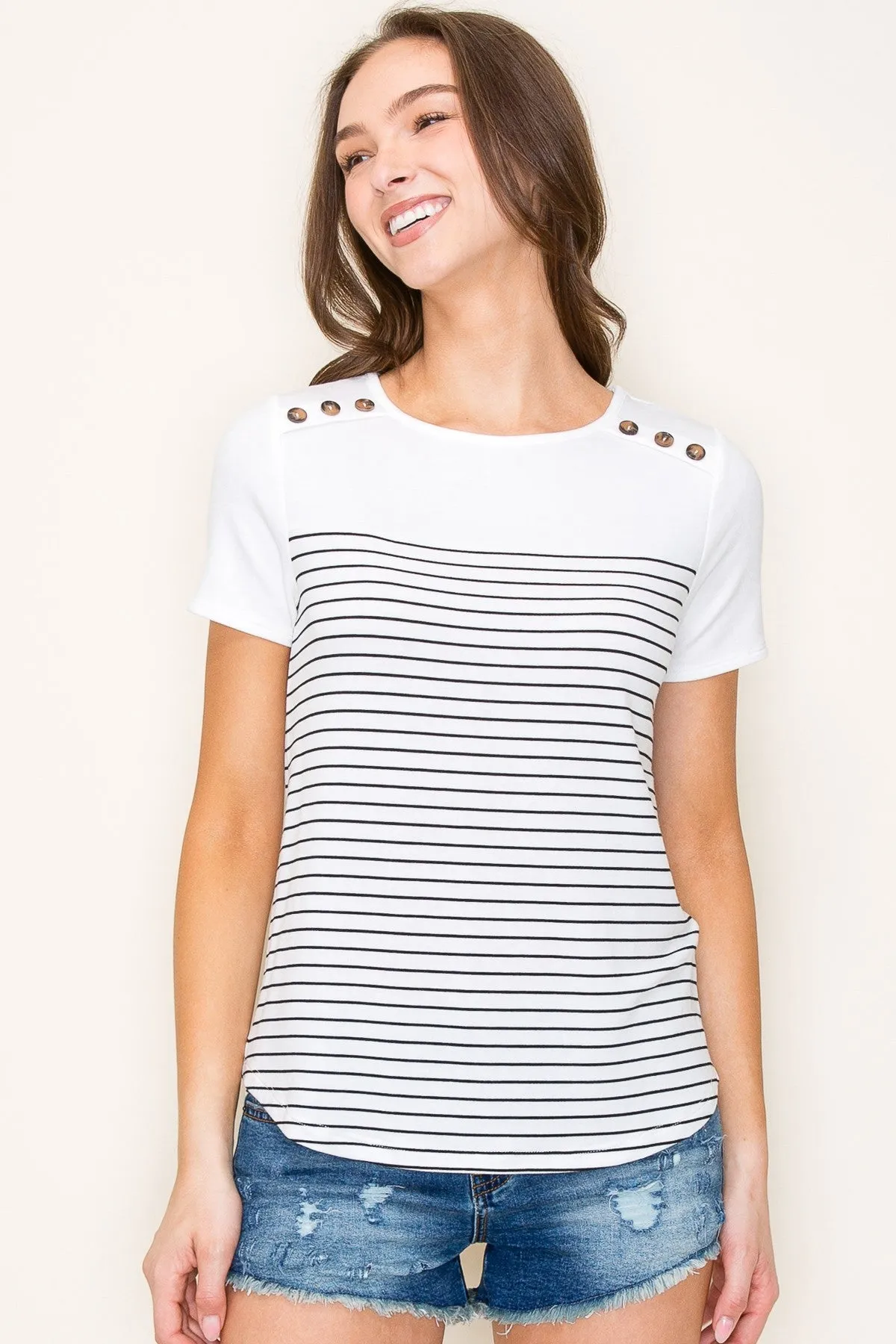 Stand By Me- Ivory Striped Top w/ Shoulder Button Detail